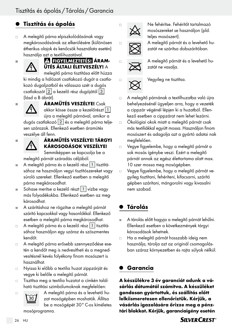 Tisztítás és ápolás / tárolás / garancia, Tisztítás és ápolás, Tárolás | Garancia | Silvercrest SHK 100 B2 User Manual | Page 26 / 61