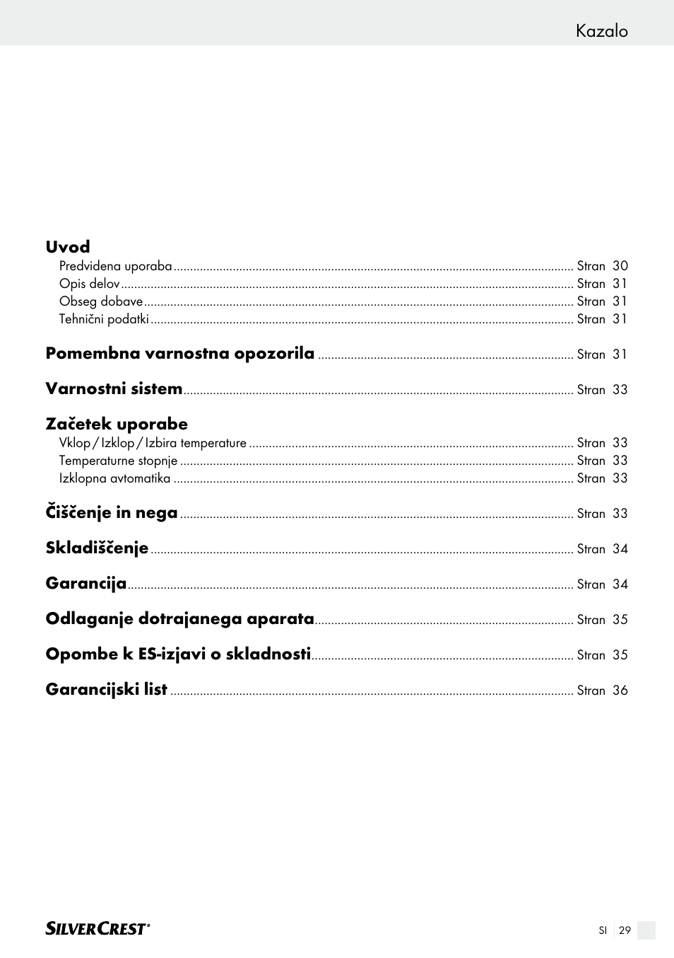 Kazalo | Silvercrest SHK 100 B2 User Manual | Page 29 / 61