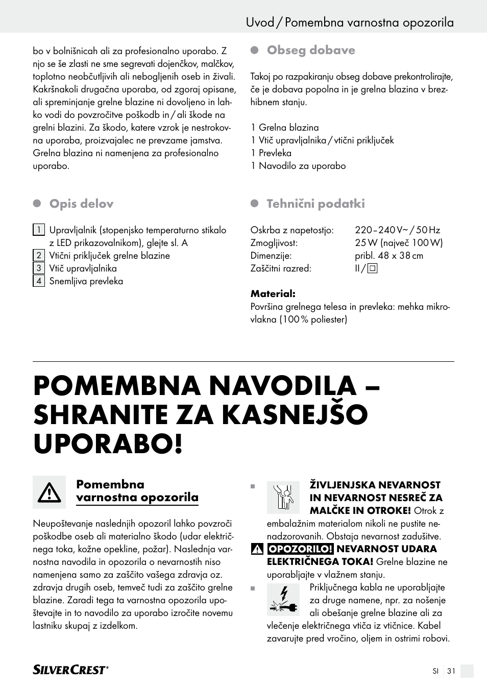 Pomembna navodila – shranite za kasnejšo uporabo, Uvod / pomembna varnostna opozorila | Silvercrest SHK 100 B2 User Manual | Page 31 / 61
