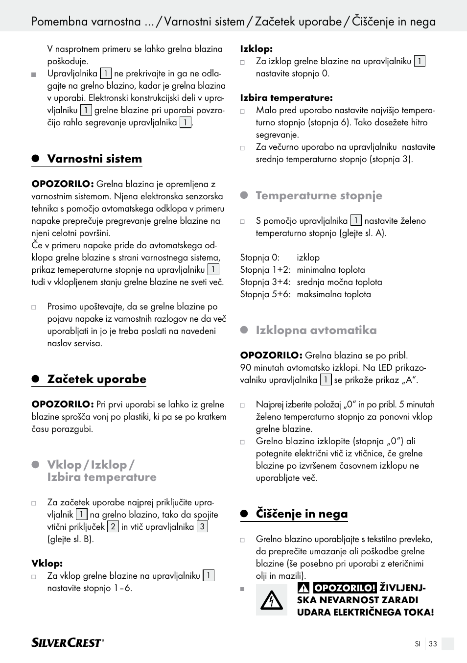 Varnostni sistem, Začetek uporabe, Vklop / izklop / izbira temperature | Temperaturne stopnje, Izklopna avtomatika, Čiščenje in nega | Silvercrest SHK 100 B2 User Manual | Page 33 / 61