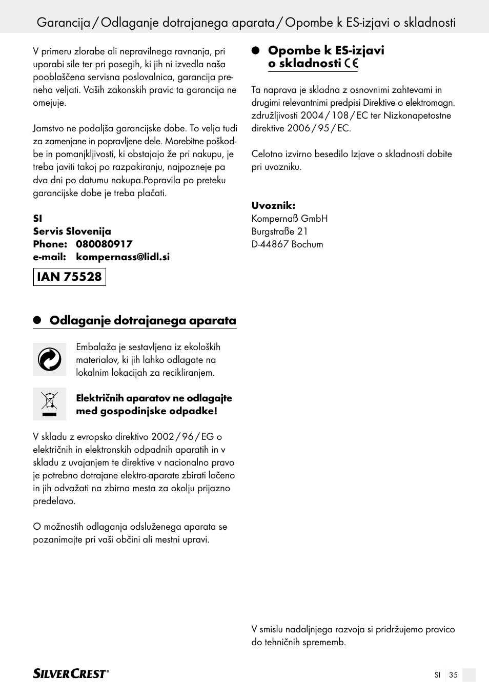 Odlaganje dotrajanega aparata, Opombe k es-izjavi o skladnosti | Silvercrest SHK 100 B2 User Manual | Page 35 / 61
