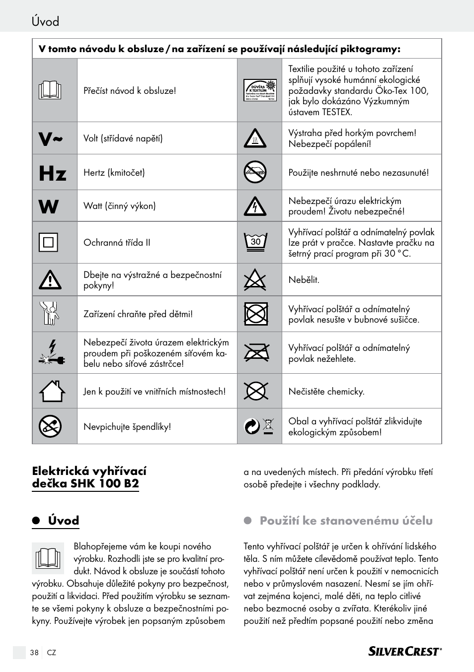 Úvod, Elektrická vyhřívací dečka shk 100 b2, Použití ke stanovenému účelu | Silvercrest SHK 100 B2 User Manual | Page 38 / 61