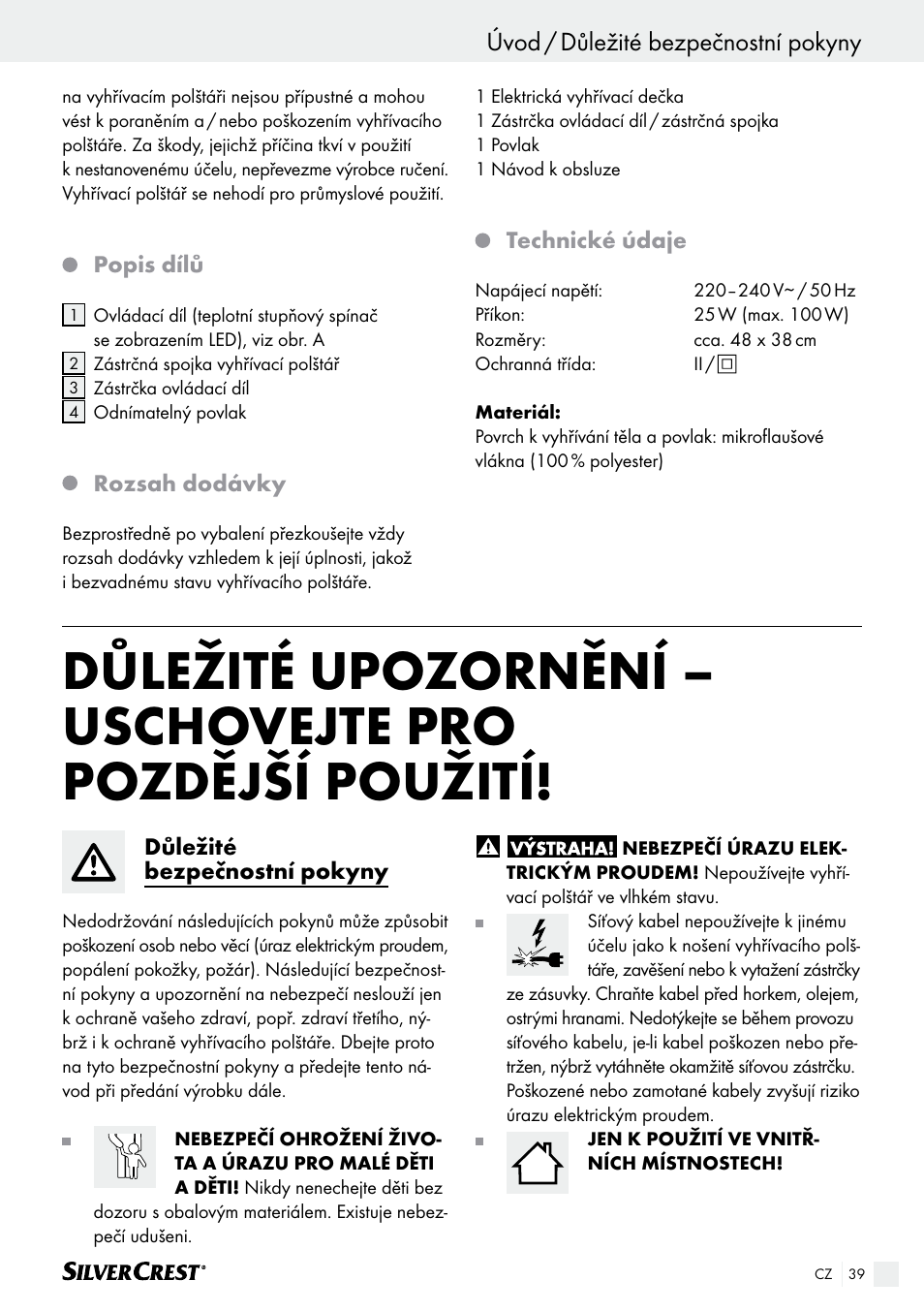 Úvod / důležité bezpečnostní pokyny | Silvercrest SHK 100 B2 User Manual | Page 39 / 61