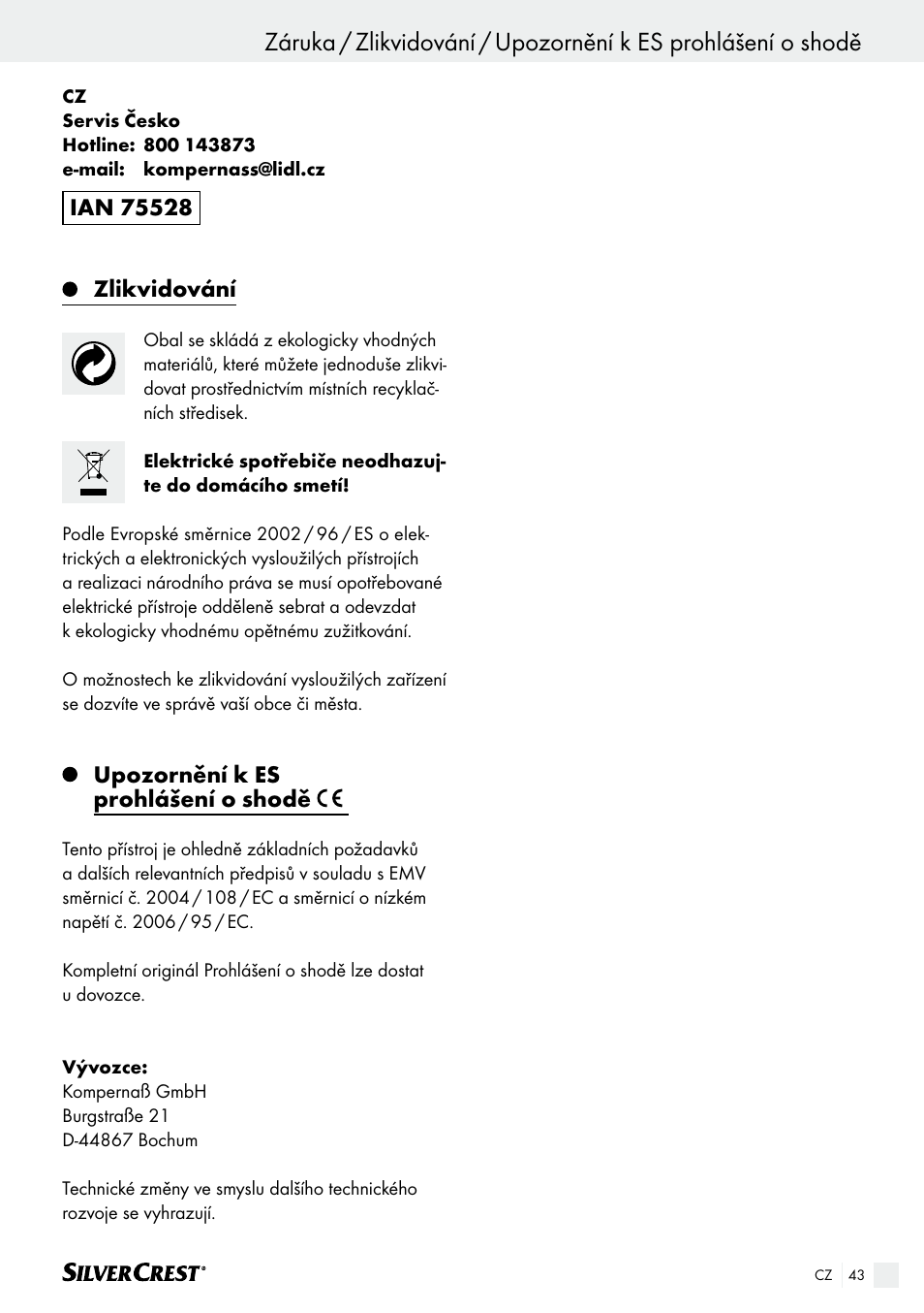 Zlikvidování, Upozornění k es prohlášení o shodě | Silvercrest SHK 100 B2 User Manual | Page 43 / 61