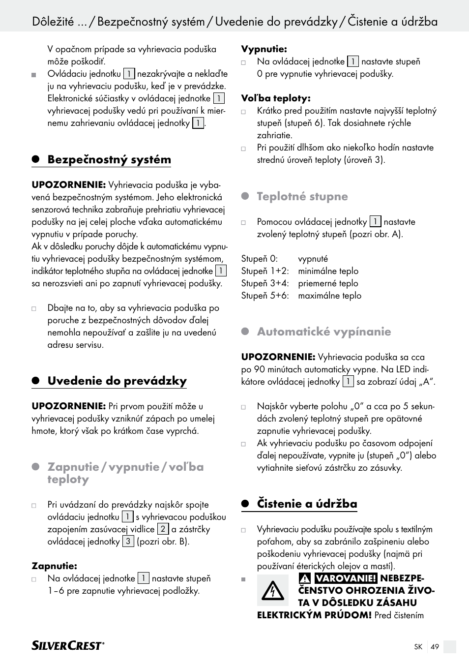 Bezpečnostný systém, Uvedenie do prevádzky, Zapnutie / vypnutie / voľba teploty | Teplotné stupne, Automatické vypínanie, Čistenie a údržba | Silvercrest SHK 100 B2 User Manual | Page 49 / 61