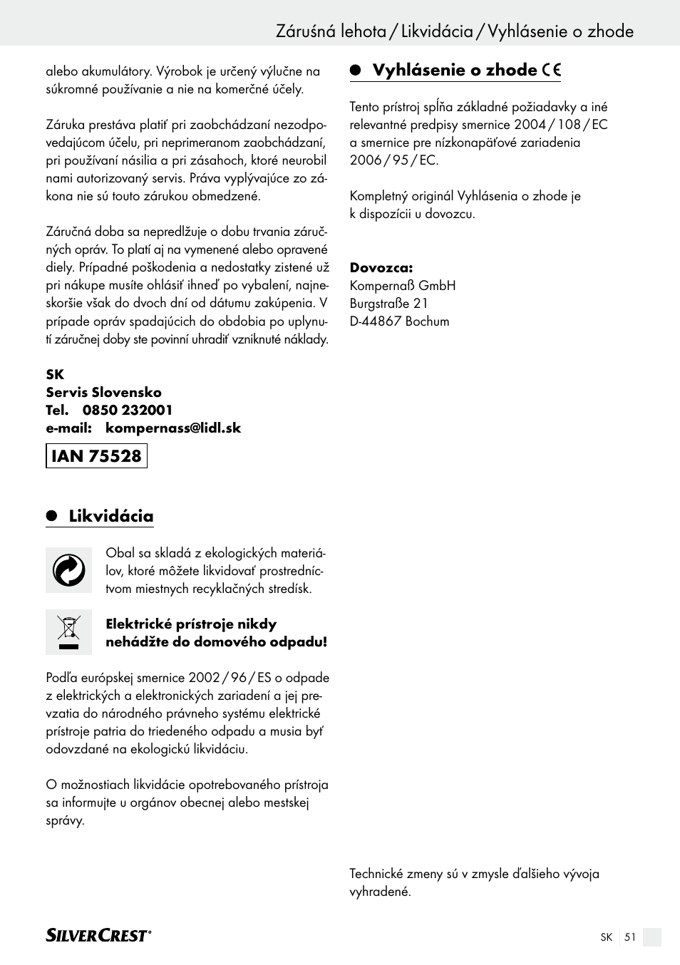 Záruśná lehota / likvidácia / vyhlásenie o zhode, Likvidácia, Vyhlásenie o zhode | Silvercrest SHK 100 B2 User Manual | Page 51 / 61