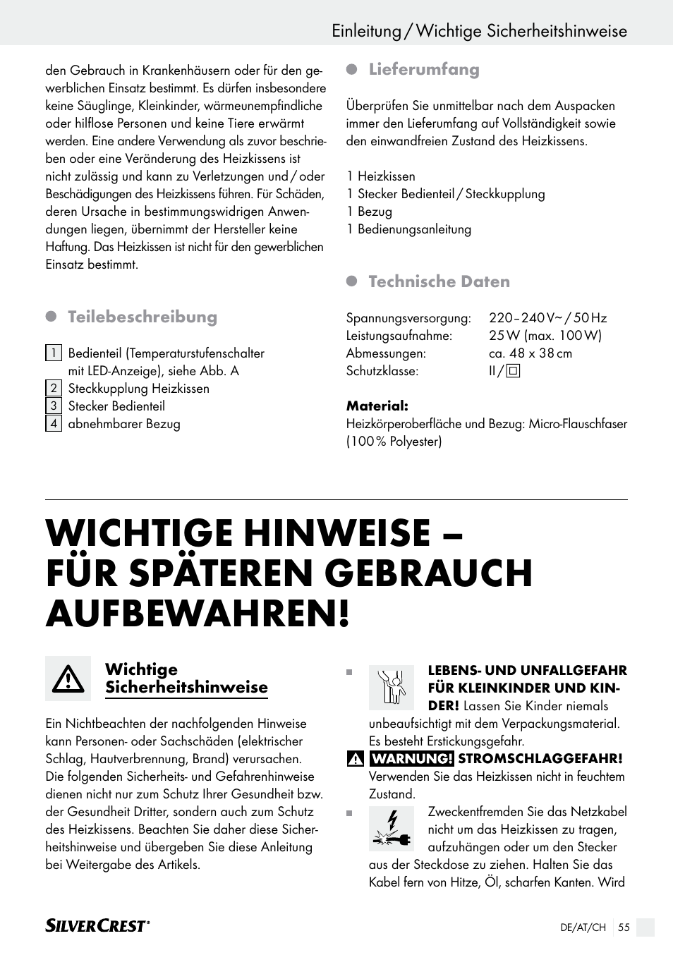 Einleitung, Einleitung / wichtige sicherheitshinweise | Silvercrest SHK 100 B2 User Manual | Page 55 / 61