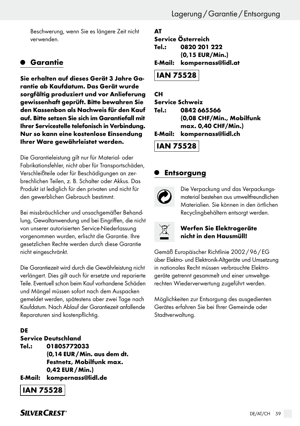 Lagerung / garantie / entsorgung, Inbetriebnahme / reinigung und pflege / lagerung, Garantie | Silvercrest SHK 100 B2 User Manual | Page 59 / 61