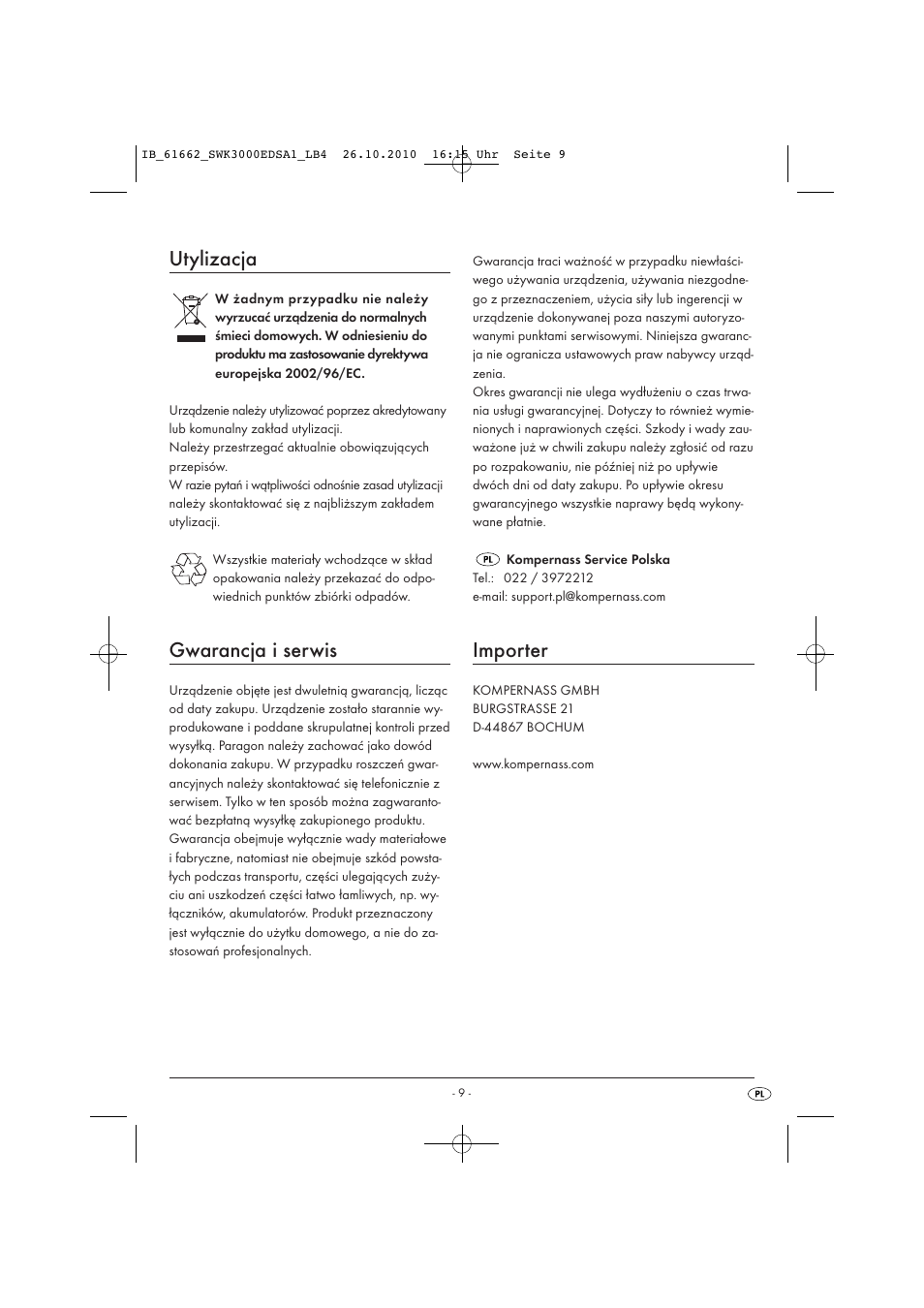 Utylizacja, Gwarancja i serwis, Importer | Silvercrest SWK 3000 EDS A1 User Manual | Page 11 / 31
