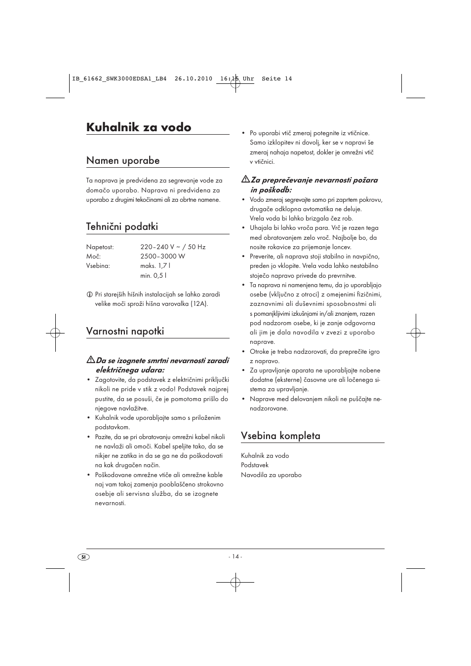 Kuhalnik za vodo, Namen uporabe, Tehnični podatki | Varnostni napotki, Vsebina kompleta | Silvercrest SWK 3000 EDS A1 User Manual | Page 16 / 31
