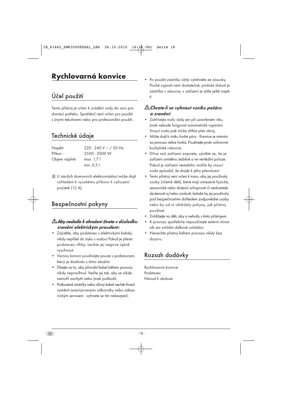 Rychlovarná konvice, Účel použití, Technické údaje | Bezpečnostní pokyny, Rozsah dodávky | Silvercrest SWK 3000 EDS A1 User Manual | Page 20 / 31