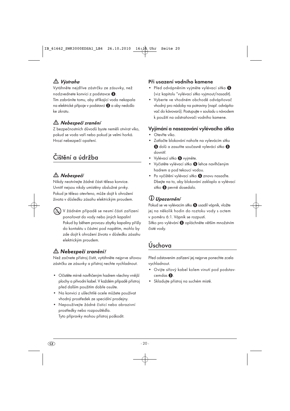 Čištění a údržba, Úschova, Nebezpečí zranění | Silvercrest SWK 3000 EDS A1 User Manual | Page 22 / 31