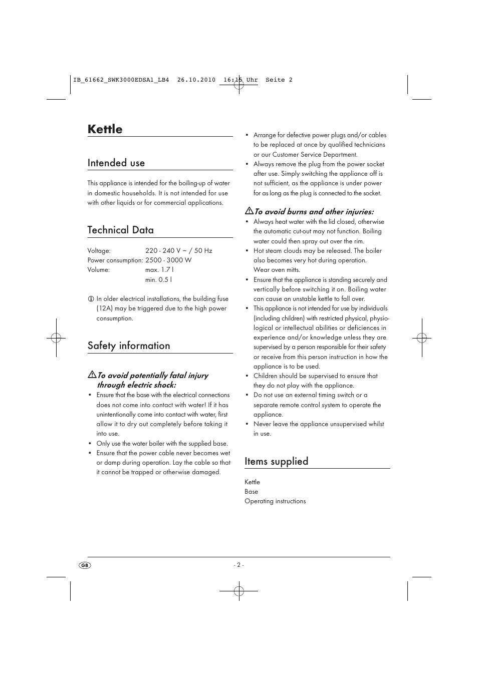 Kettle, Intended use, Technical data | Safety information, Items supplied | Silvercrest SWK 3000 EDS A1 User Manual | Page 4 / 31