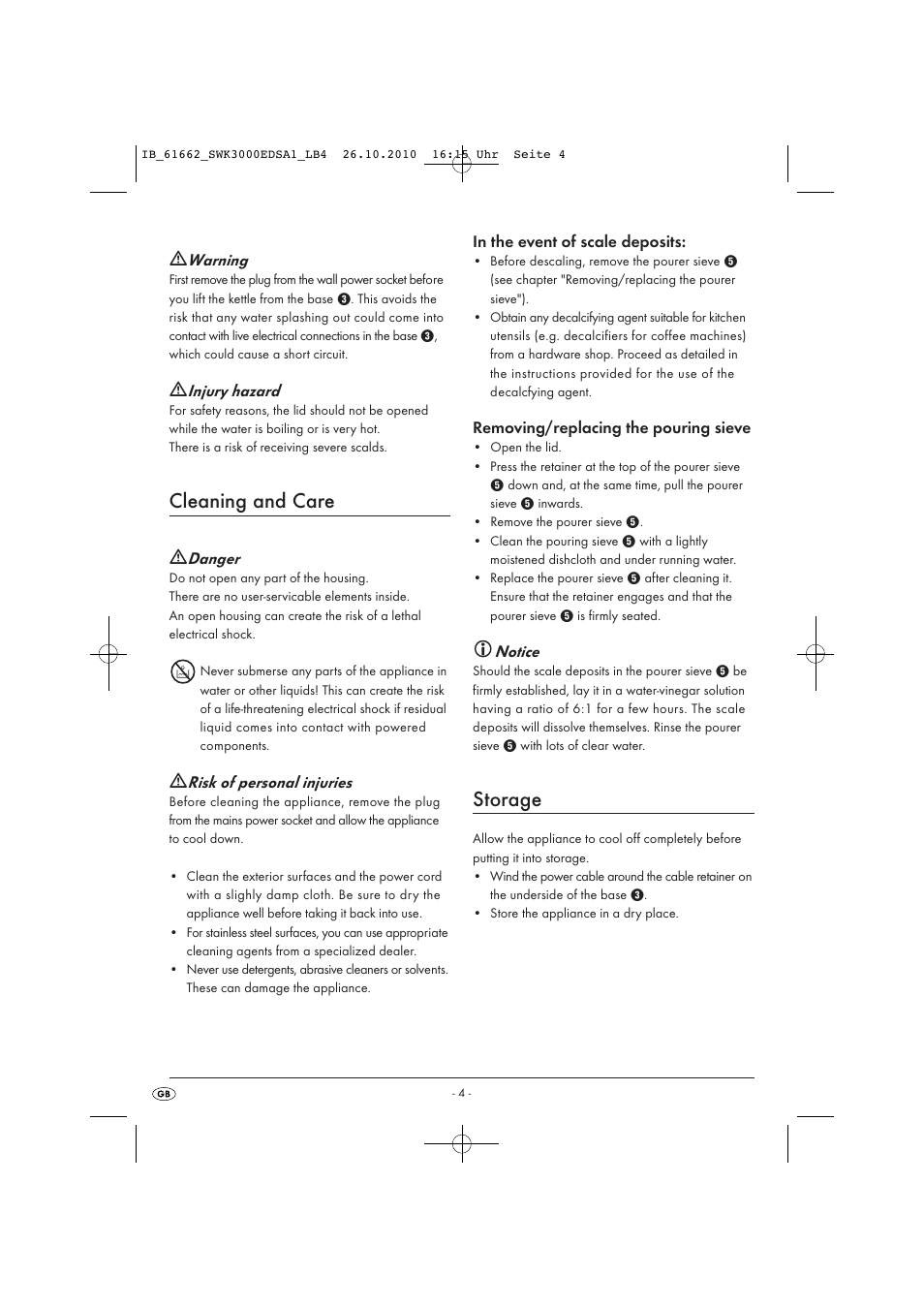 Cleaning and care, Storage | Silvercrest SWK 3000 EDS A1 User Manual | Page 6 / 31