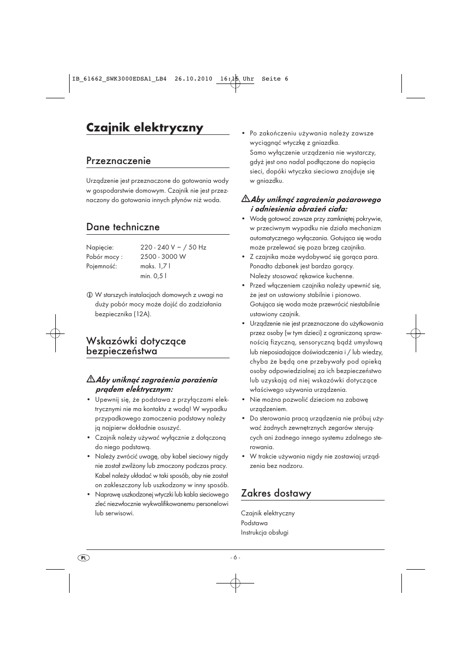 Czajnik elektryczny, Przeznaczenie, Dane techniczne | Wskazówki dotyczące bezpieczeństwa, Zakres dostawy | Silvercrest SWK 3000 EDS A1 User Manual | Page 8 / 31