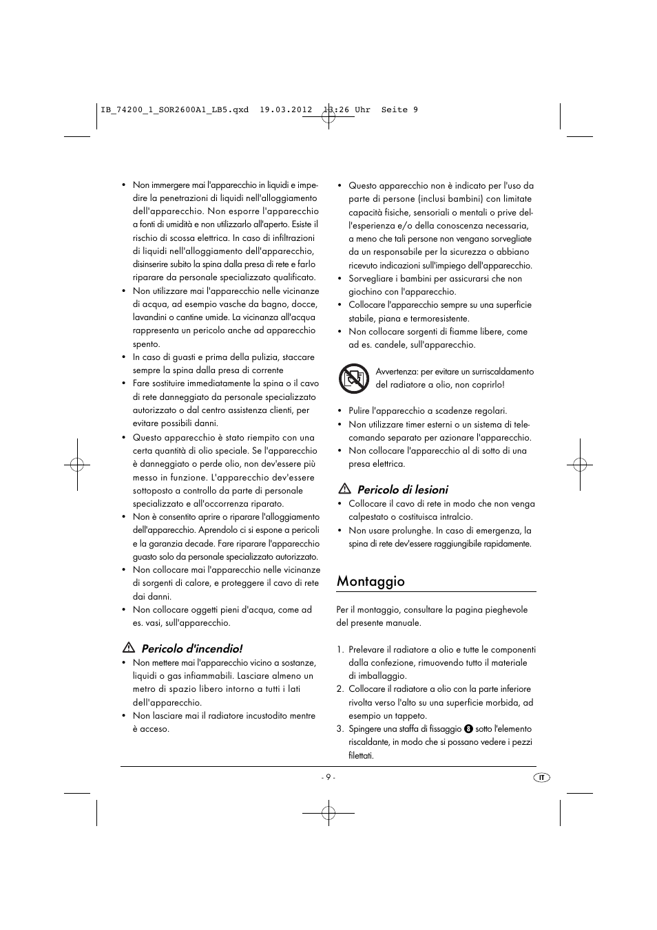 Montaggio, Pericolo d'incendio, Pericolo di lesioni | Silvercrest SOR 2600 A1 User Manual | Page 11 / 32