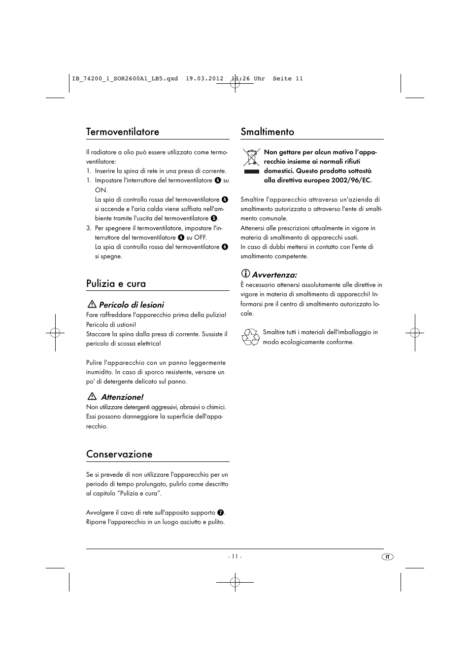 Termoventilatore, Pulizia e cura, Conservazione | Smaltimento | Silvercrest SOR 2600 A1 User Manual | Page 13 / 32