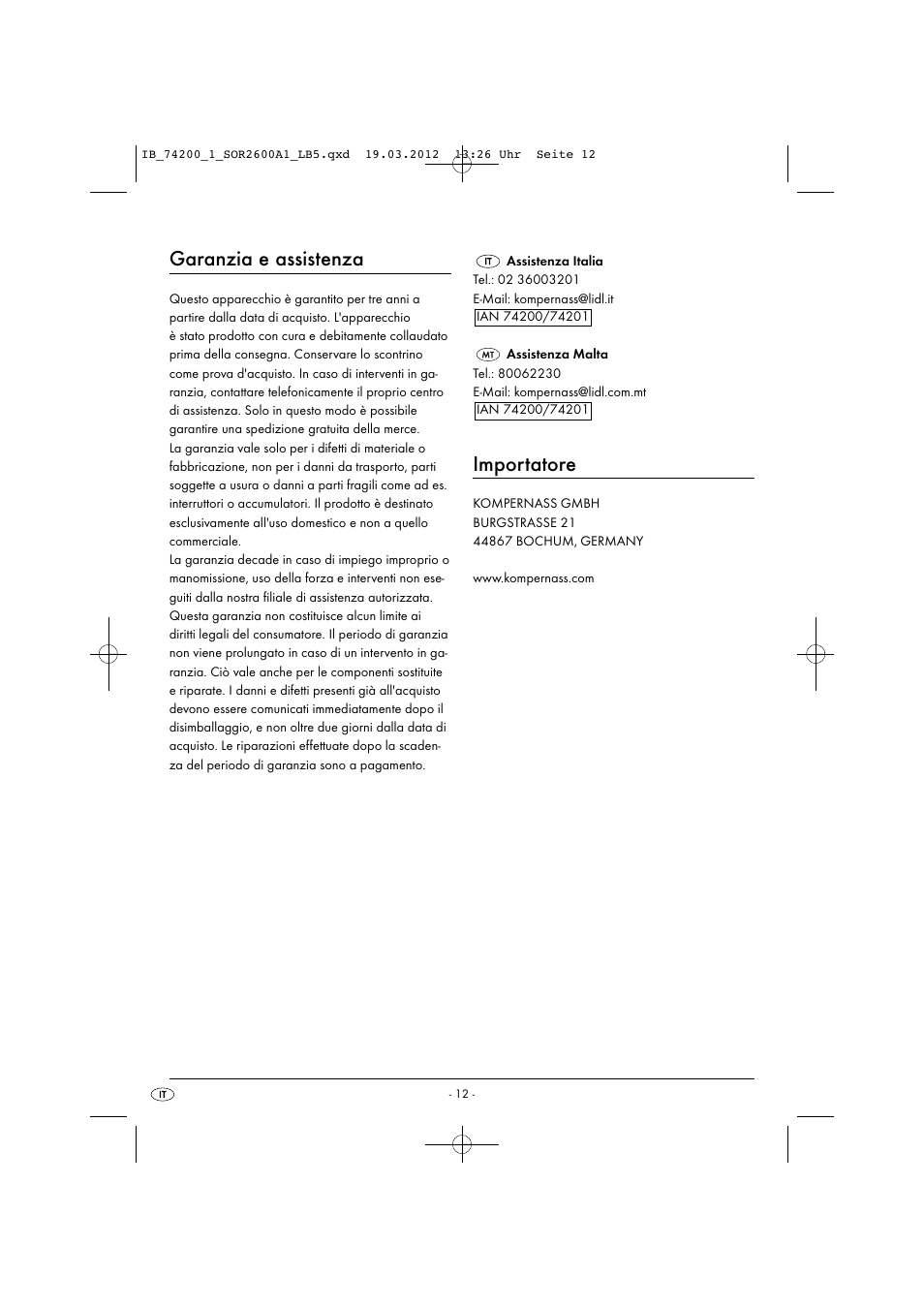 Garanzia e assistenza, Importatore | Silvercrest SOR 2600 A1 User Manual | Page 14 / 32