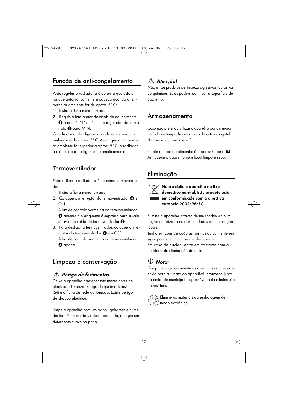 Função de anti-congelamento, Termoventilador, Limpeza e conservação | Armazenamento, Eliminação | Silvercrest SOR 2600 A1 User Manual | Page 19 / 32