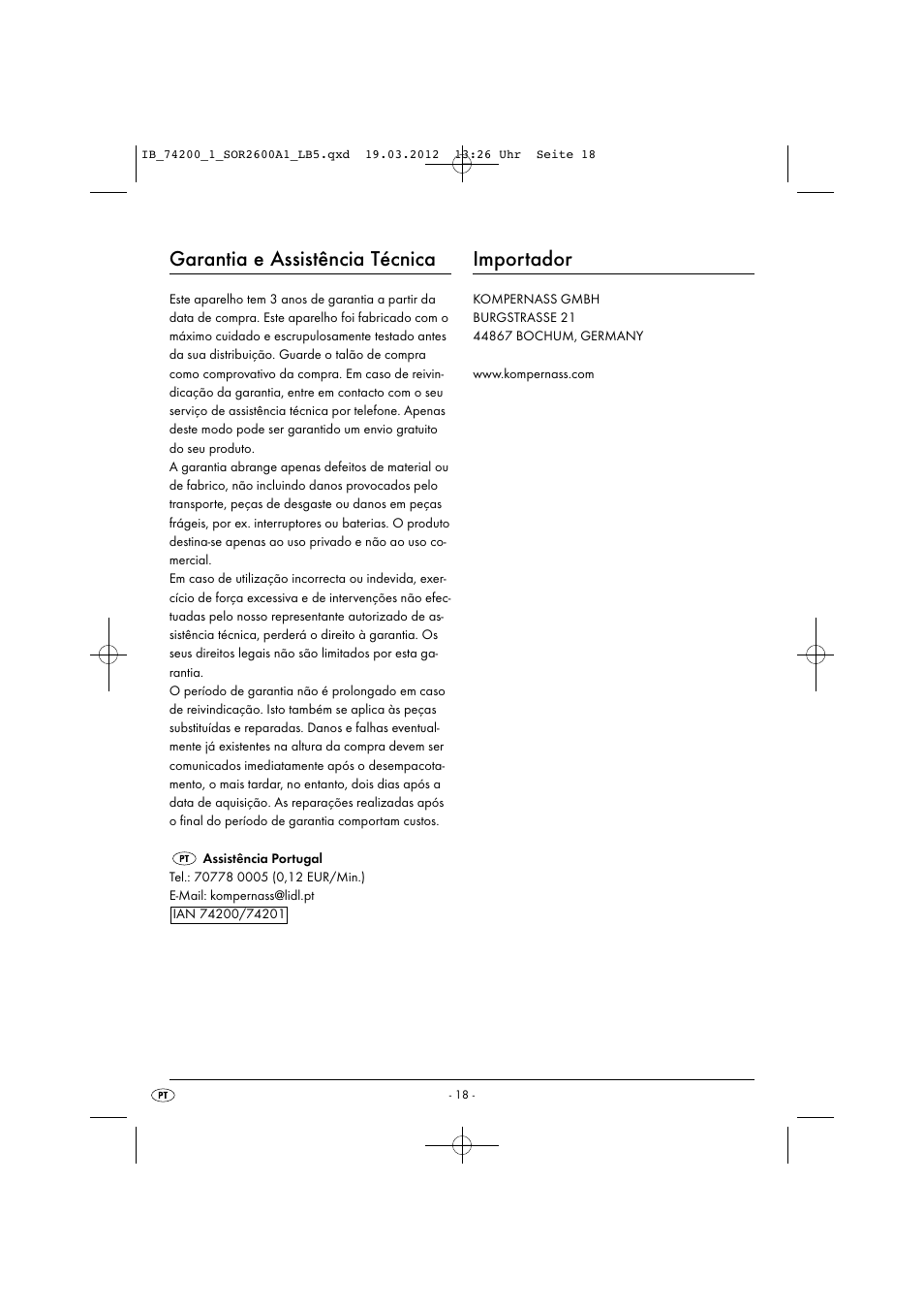 Garantia e assistência técnica, Importador | Silvercrest SOR 2600 A1 User Manual | Page 20 / 32