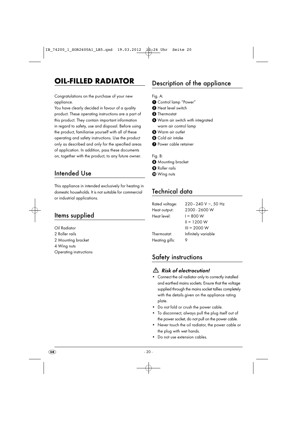 Oil-filled radiator, Intended use, Items supplied | Description of the appliance, Technical data, Safety instructions | Silvercrest SOR 2600 A1 User Manual | Page 22 / 32