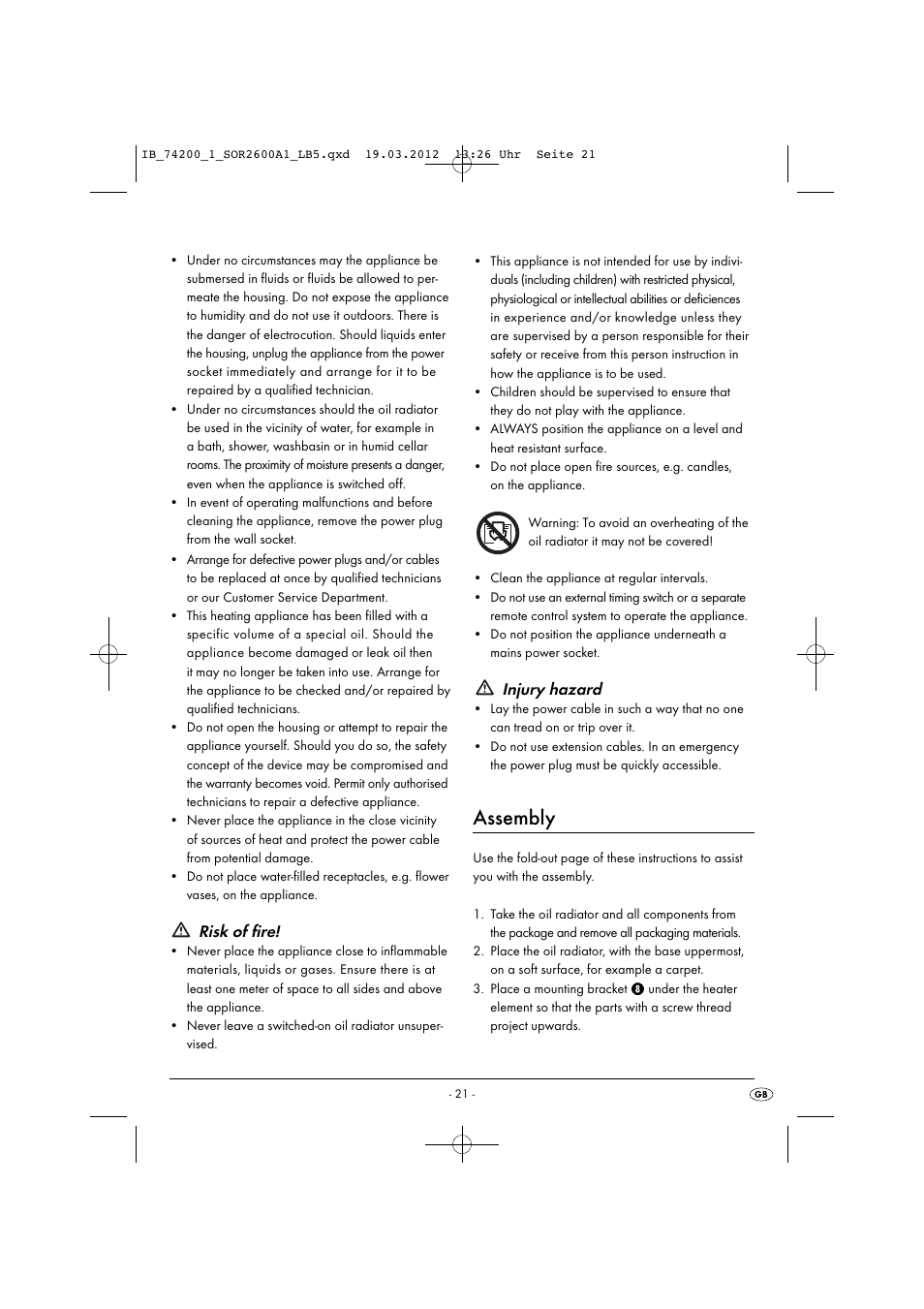 Assembly, Risk of fire, Injury hazard | Silvercrest SOR 2600 A1 User Manual | Page 23 / 32