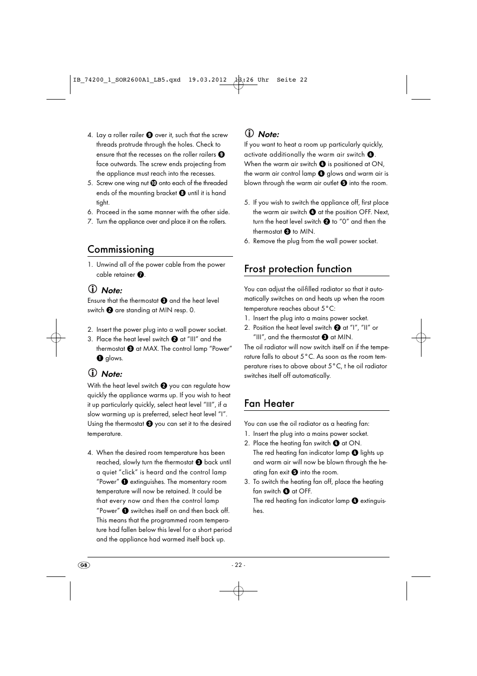 Commissioning, Frost protection function, Fan heater | Silvercrest SOR 2600 A1 User Manual | Page 24 / 32