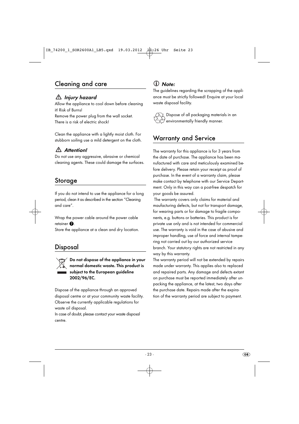 Cleaning and care, Storage, Disposal | Warranty and service | Silvercrest SOR 2600 A1 User Manual | Page 25 / 32