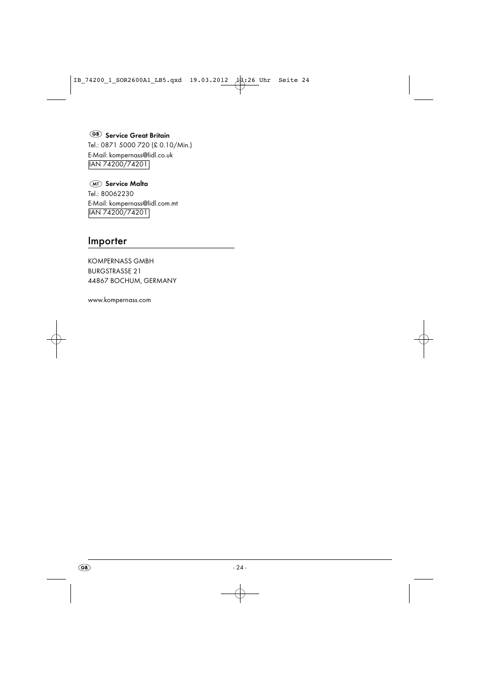 Importer | Silvercrest SOR 2600 A1 User Manual | Page 26 / 32