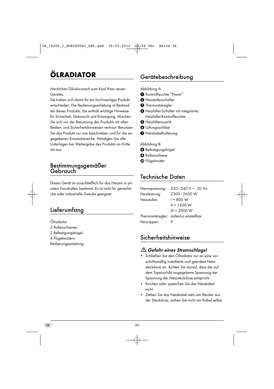 Ölradiator, Bestimmungsgemäßer gebrauch, Lieferumfang | Gerätebeschreibung, Technische daten, Sicherheitshinweise | Silvercrest SOR 2600 A1 User Manual | Page 28 / 32