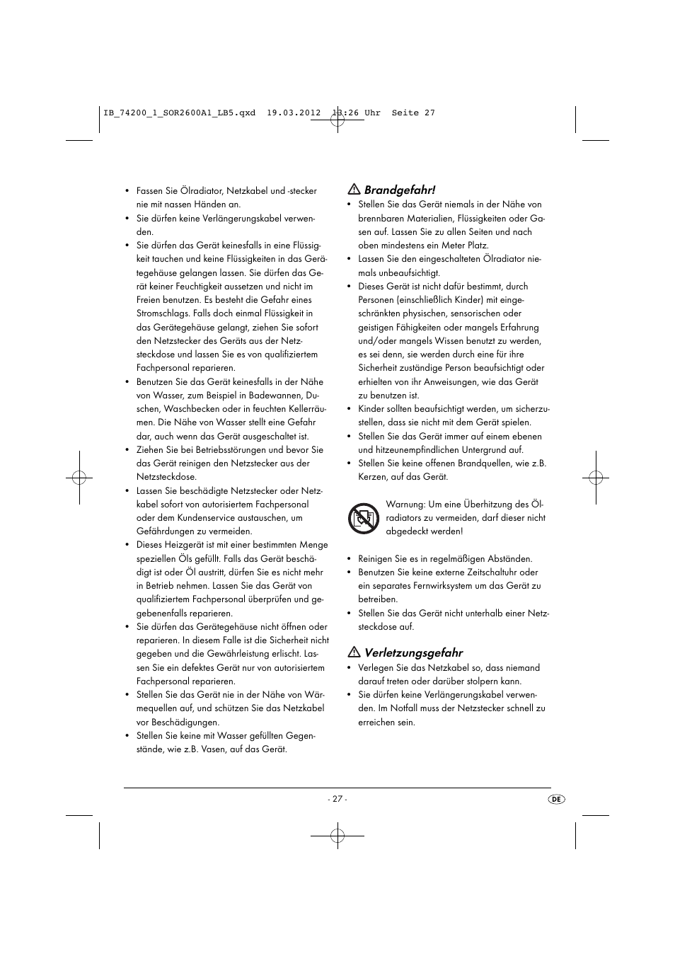 Brandgefahr, Verletzungsgefahr | Silvercrest SOR 2600 A1 User Manual | Page 29 / 32