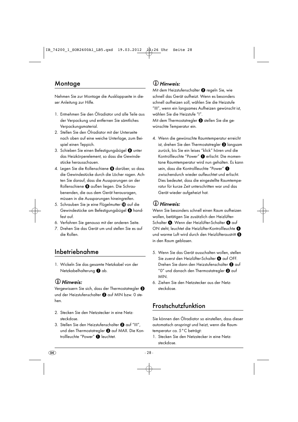 Montage, Inbetriebnahme, Frostschutzfunktion | Hinweis | Silvercrest SOR 2600 A1 User Manual | Page 30 / 32