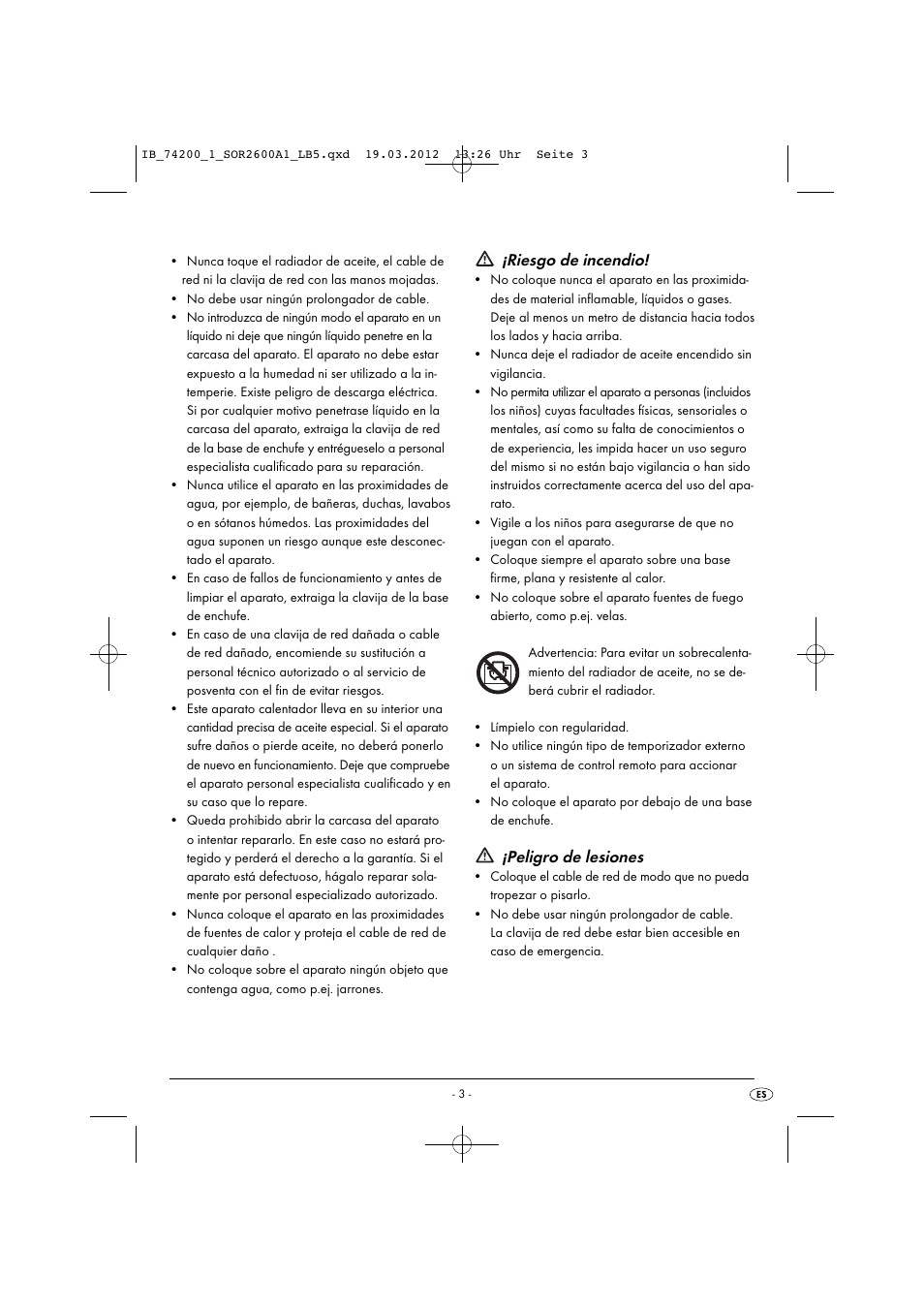 Riesgo de incendio, Peligro de lesiones | Silvercrest SOR 2600 A1 User Manual | Page 5 / 32