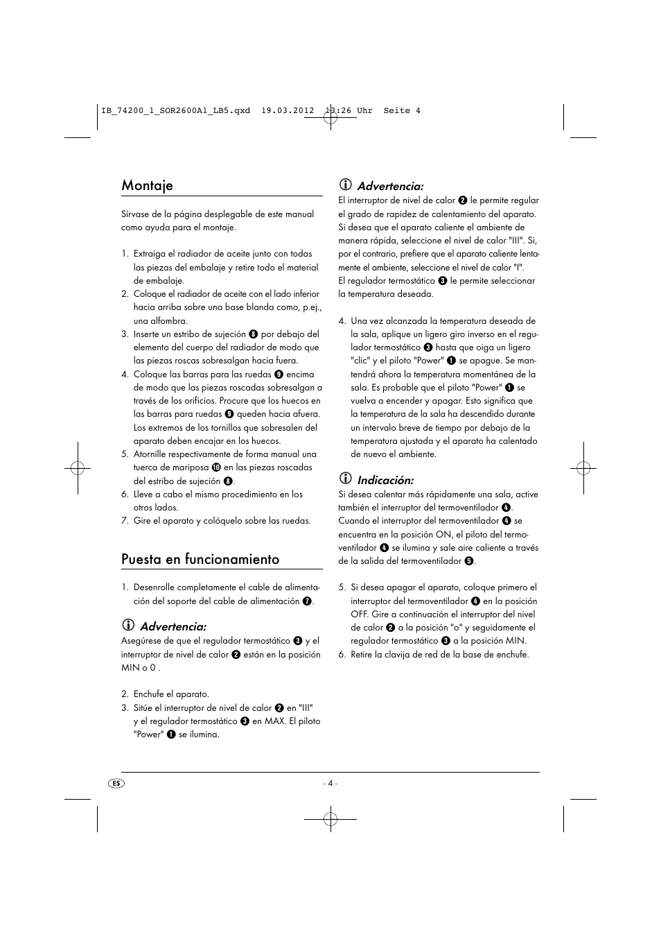 Montaje, Puesta en funcionamiento, Advertencia | Indicación | Silvercrest SOR 2600 A1 User Manual | Page 6 / 32