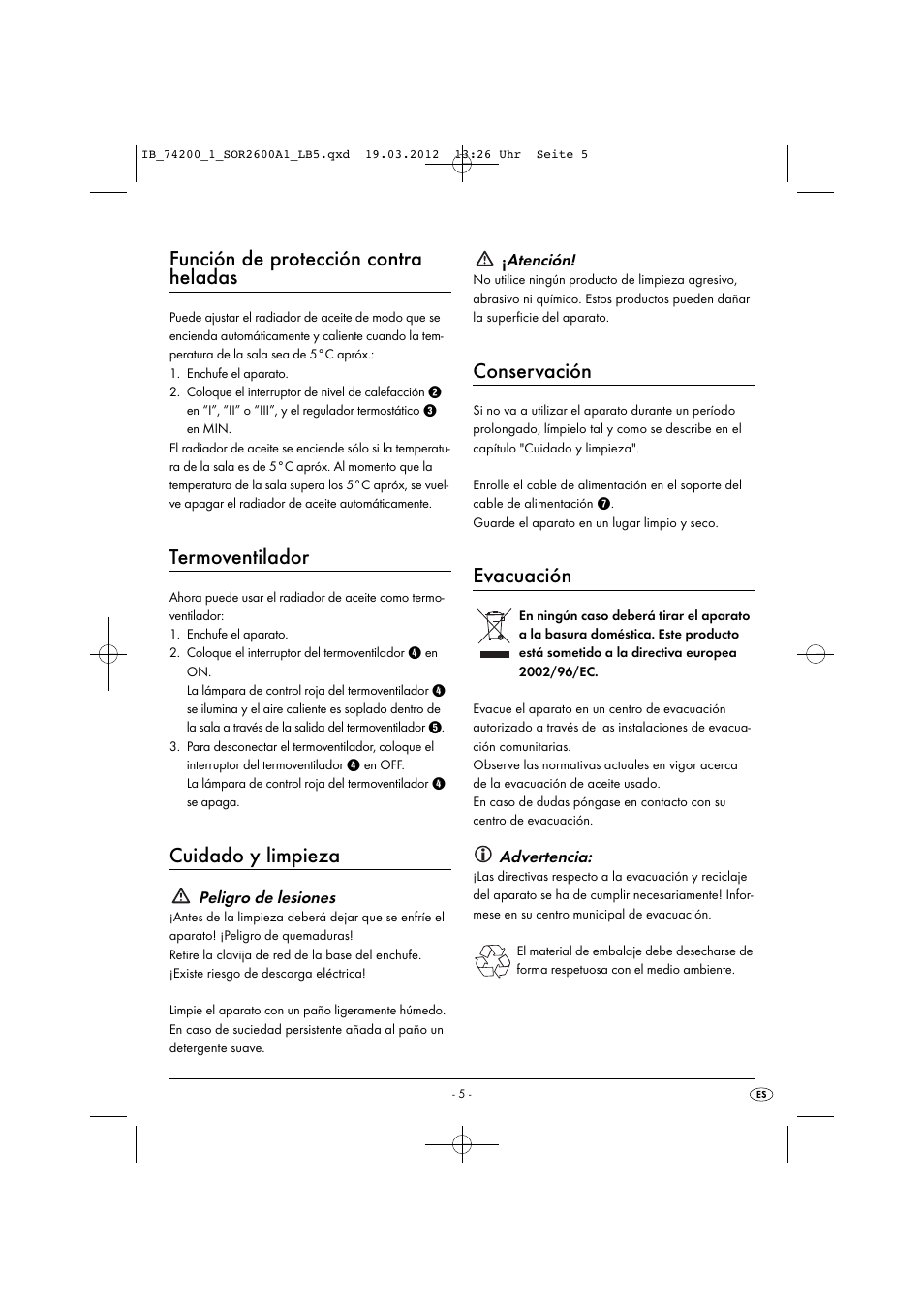 Función de protección contra heladas, Termoventilador, Cuidado y limpieza | Conservación, Evacuación | Silvercrest SOR 2600 A1 User Manual | Page 7 / 32