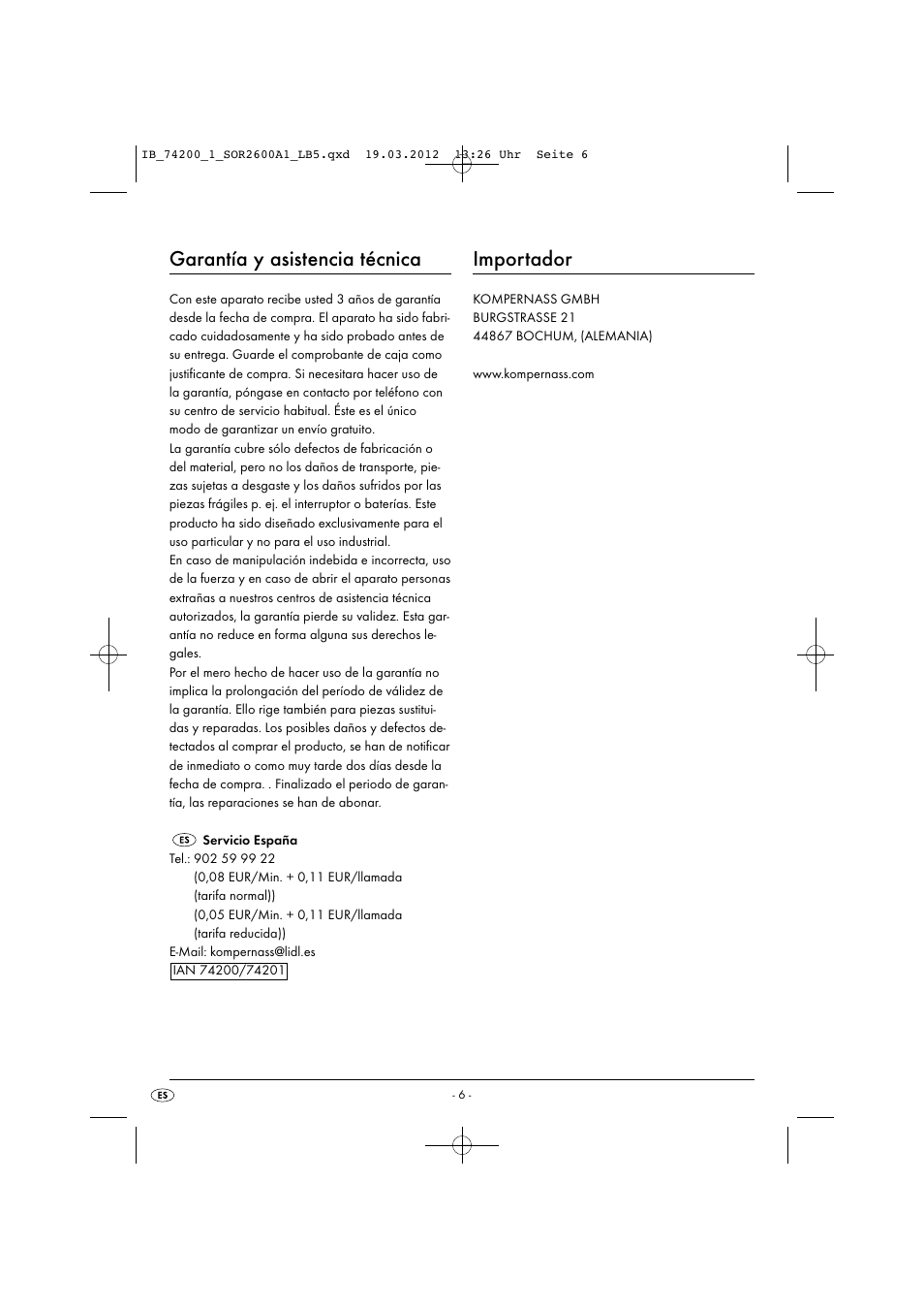 Garantía y asistencia técnica, Importador | Silvercrest SOR 2600 A1 User Manual | Page 8 / 32