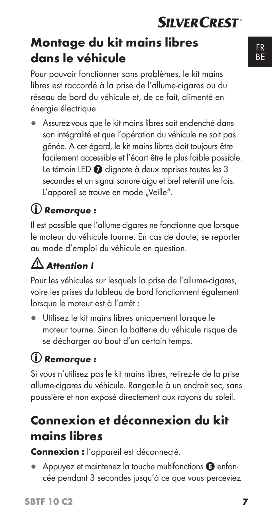 Montage du kit mains libres dans le véhicule, Connexion et déconnexion du kit mains libres | Silvercrest SBTF 10 C2 User Manual | Page 10 / 58