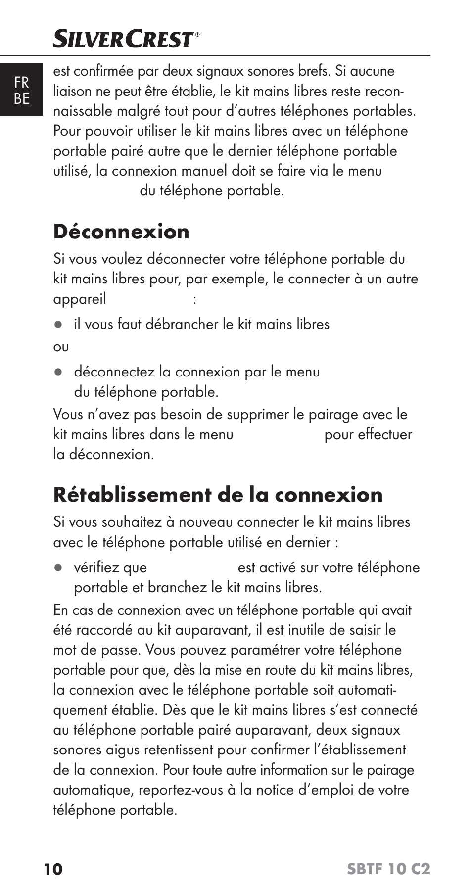 Déconnexion, Rétablissement de la connexion | Silvercrest SBTF 10 C2 User Manual | Page 13 / 58