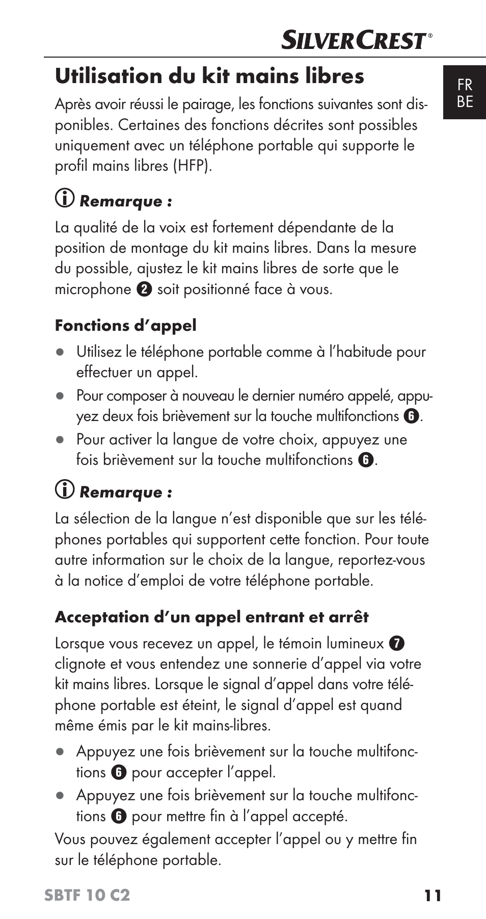 Utilisation du kit mains libres | Silvercrest SBTF 10 C2 User Manual | Page 14 / 58