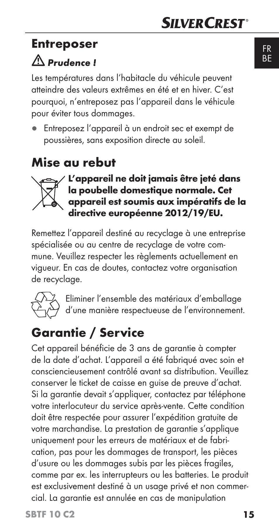 Entreposer, Mise au rebut, Garantie / service | Silvercrest SBTF 10 C2 User Manual | Page 18 / 58