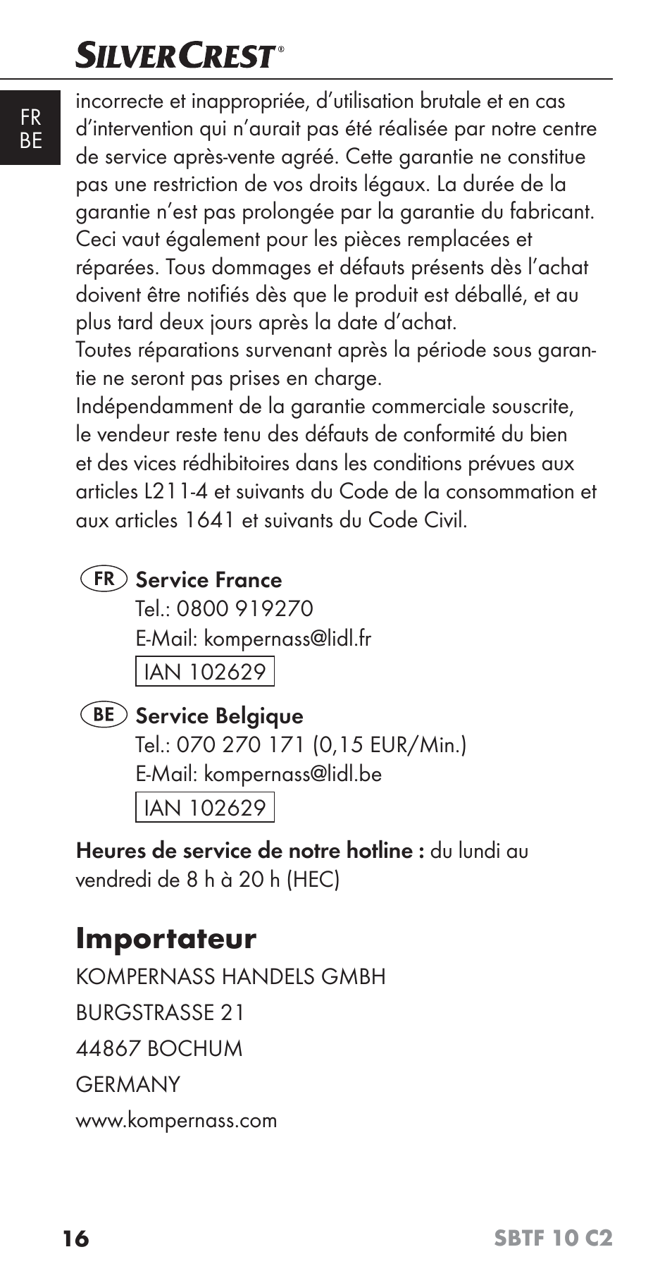 Importateur | Silvercrest SBTF 10 C2 User Manual | Page 19 / 58