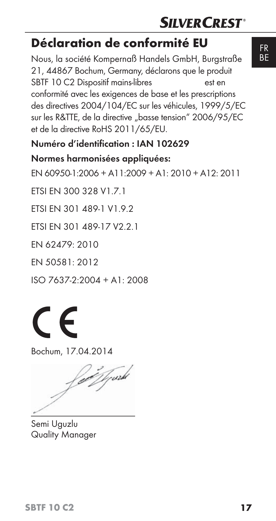 Déclaration de conformité eu | Silvercrest SBTF 10 C2 User Manual | Page 20 / 58