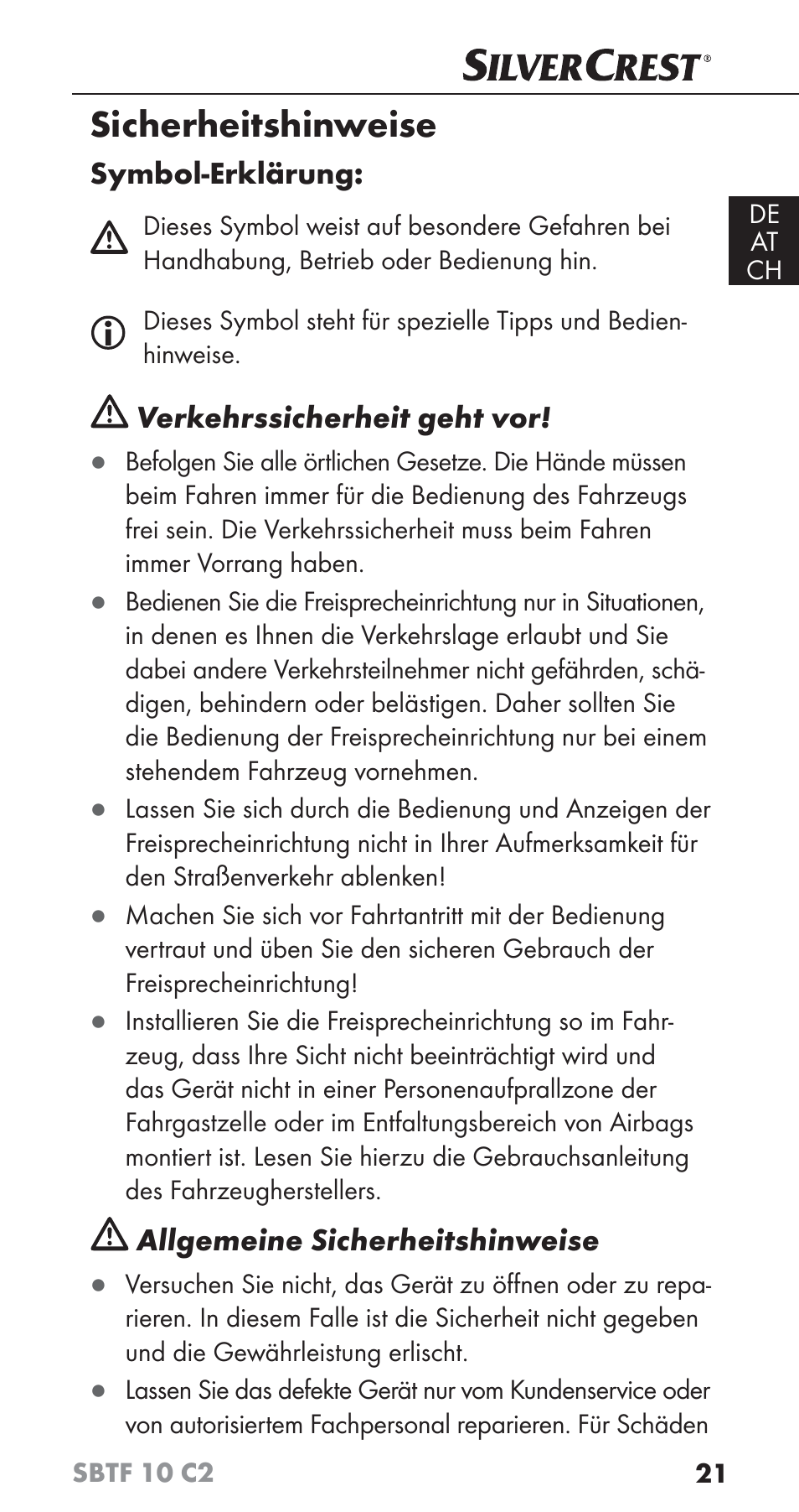 Sicherheitshinweise | Silvercrest SBTF 10 C2 User Manual | Page 24 / 58