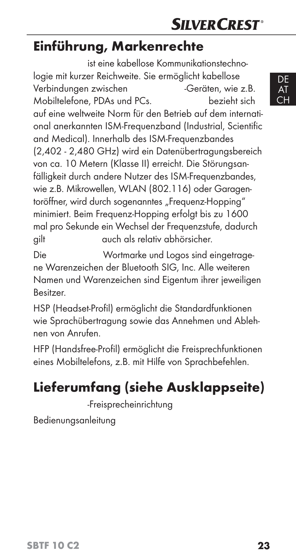 Einführung, markenrechte, Lieferumfang (siehe ausklappseite) | Silvercrest SBTF 10 C2 User Manual | Page 26 / 58