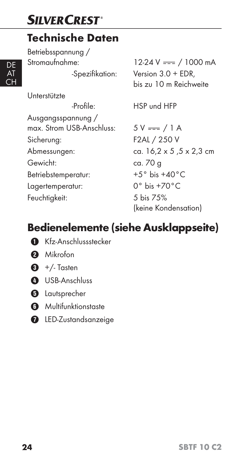 Technische daten, Bedienelemente (siehe ausklappseite) | Silvercrest SBTF 10 C2 User Manual | Page 27 / 58