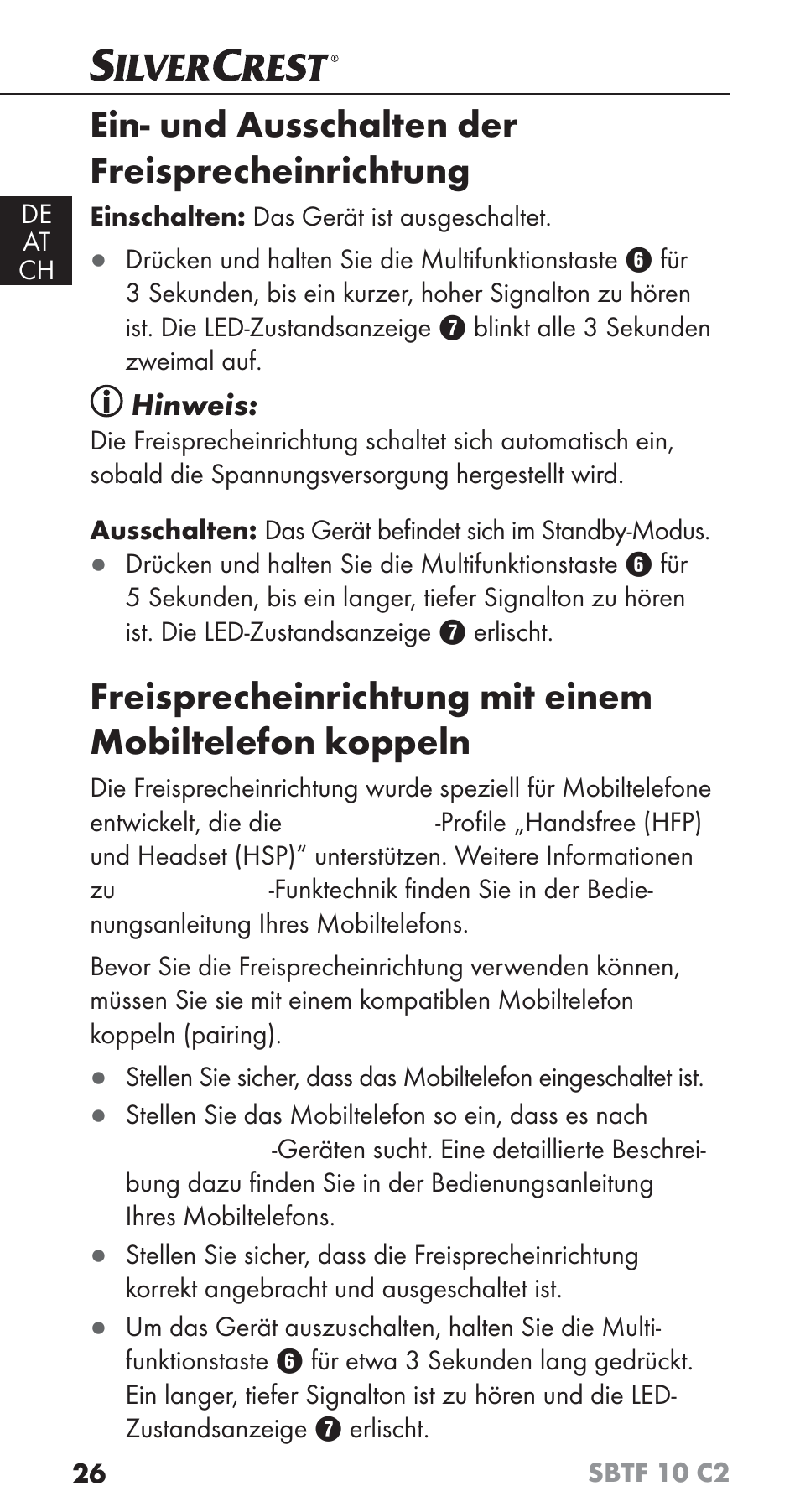 Ein- und ausschalten der freisprecheinrichtung, Hinweis | Silvercrest SBTF 10 C2 User Manual | Page 29 / 58