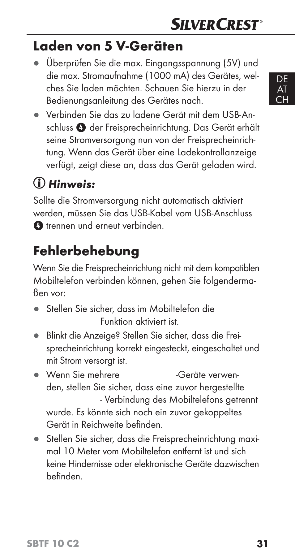 Laden von 5 v-geräten, Fehlerbehebung, Hinweis | Silvercrest SBTF 10 C2 User Manual | Page 34 / 58
