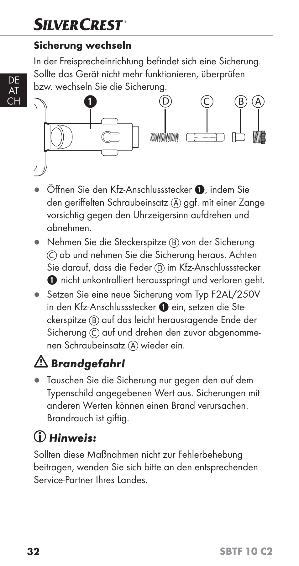 Brandgefahr, Hinweis | Silvercrest SBTF 10 C2 User Manual | Page 35 / 58