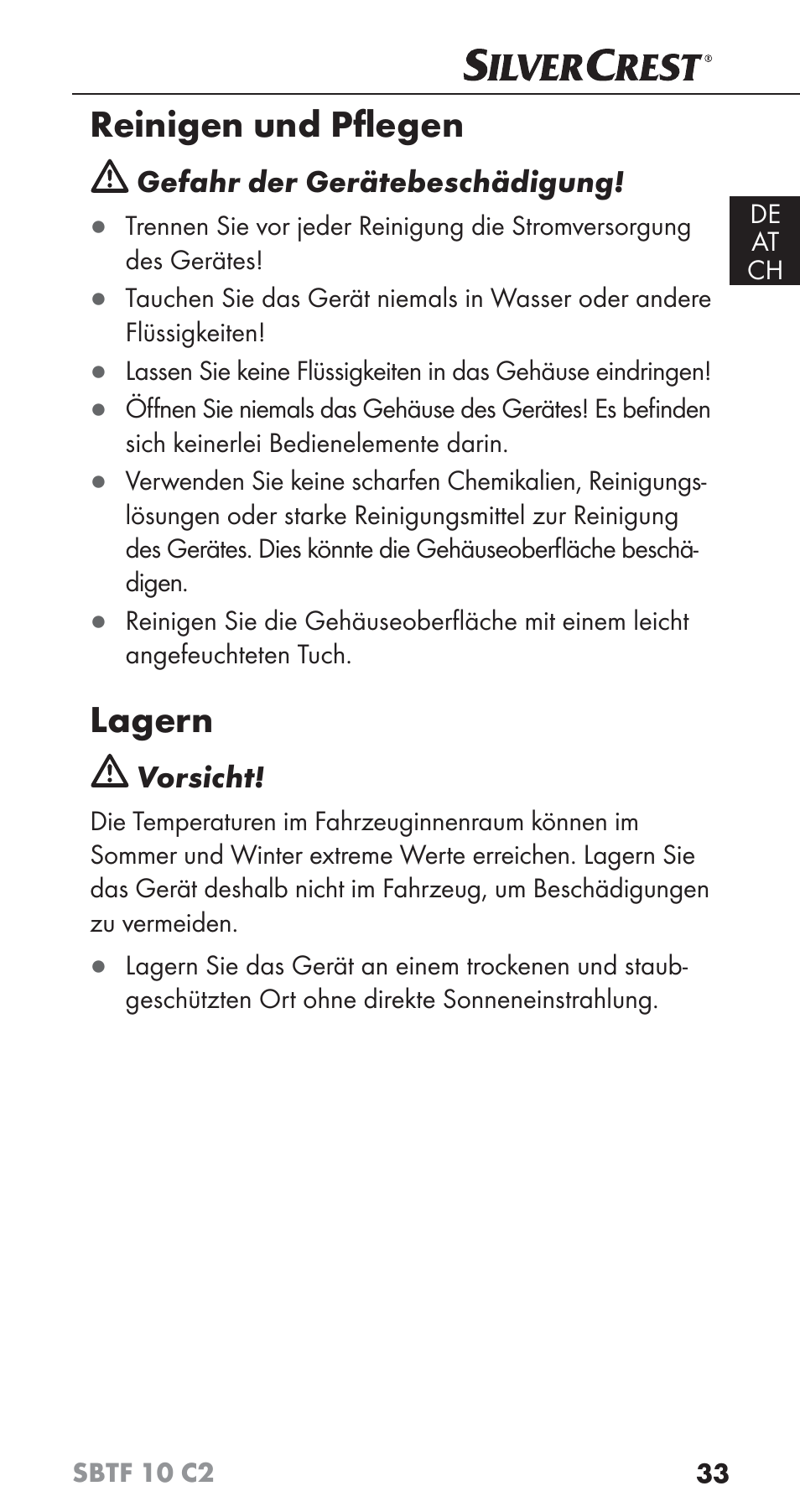 Reinigen und pﬂ egen, Lagern | Silvercrest SBTF 10 C2 User Manual | Page 36 / 58