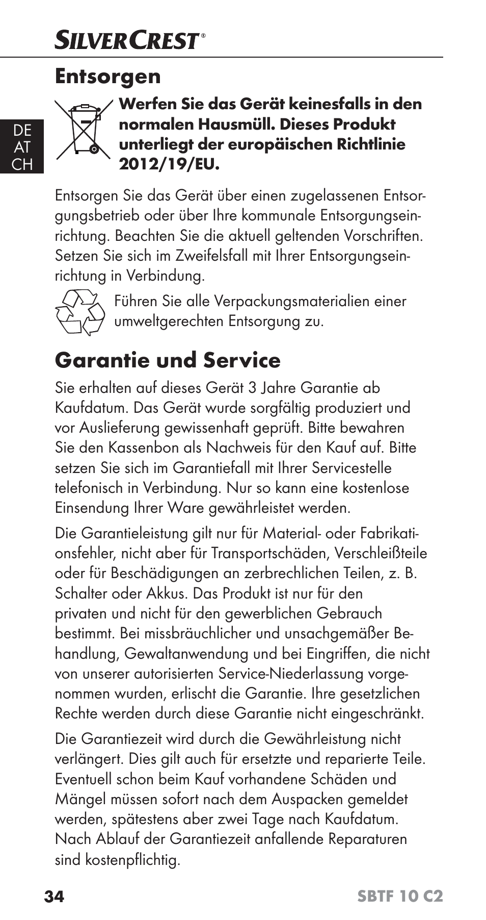 Entsorgen, Garantie und service | Silvercrest SBTF 10 C2 User Manual | Page 37 / 58